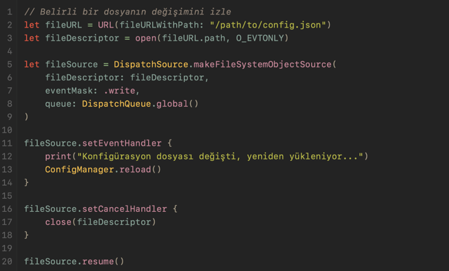 Code 7. Using a Dispatch Source to monitor file changes.