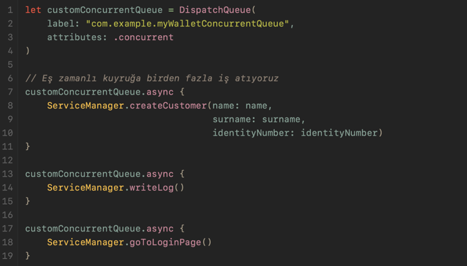Kod 2. Concurrent queue üzerinde birden fazla bağımsız işin eş zamanlı çalıştırılması.
