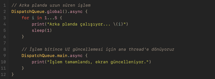 Kod 3. Arka plan kuyruğunda yürütülen işlemin ardından main thread üzerinde UI güncellenmesi.